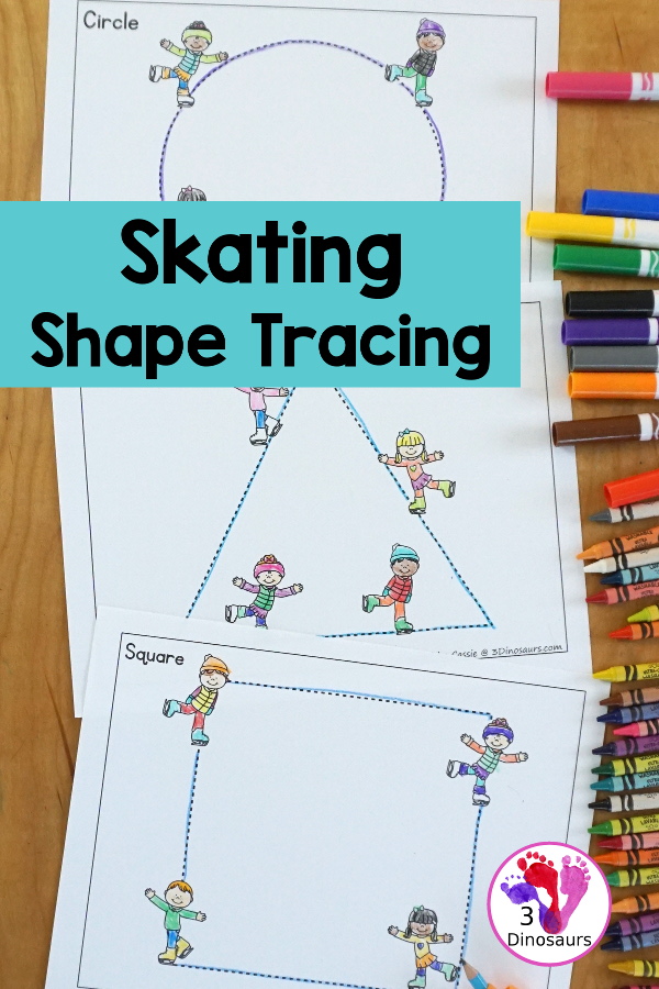 Free Ice Skating Shape Tracing Printable - 12 shape tracing pages with kids ice skating around the shape. A fun way to work on shapes with kids during winter. - 3Dinosaurs.com