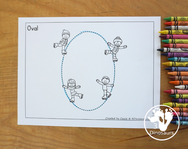 Free Ice Skating Shape Tracing Printable - 12 shape tracing pages with kids ice skating around the shape. A fun way to work on shapes with kids during winter. - 3Dinosaurs.com