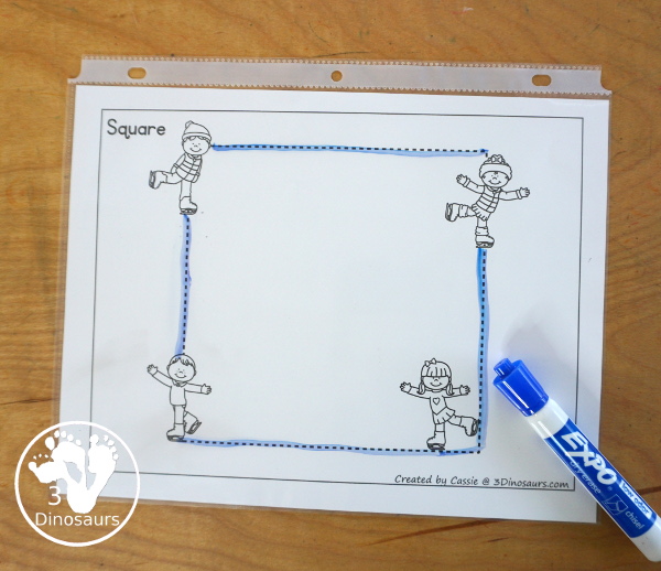 Free Ice Skating Shape Tracing Printable - 12 shape tracing pages with kids ice skating around the shape. A fun way to work on shapes with kids during winter. - 3Dinosaurs.com