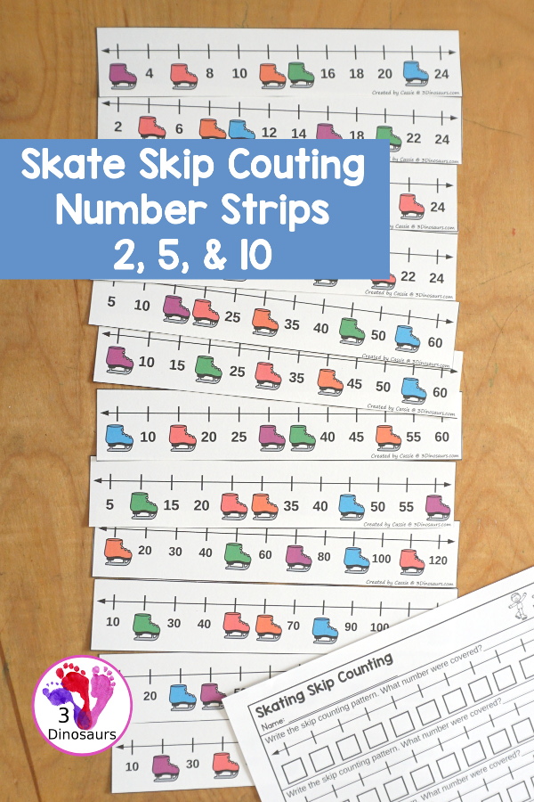 Free Ice Skate Skip Counting Number Line Printables: 2, 5, and 10: 2, 5, and 10 - a fun skip counting printable working on skip counting for 2, 5, and 10. You have skip counting number line strips with skates covering the numbers. You have a recording sheet for the set.- 3Dinosaurs.com