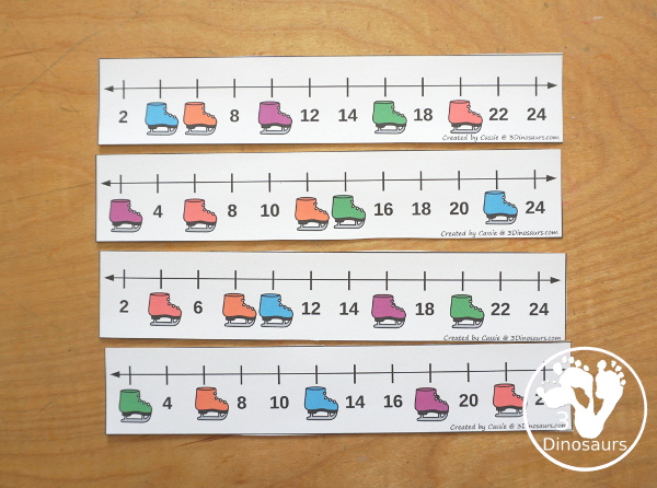 Free Ice Skate Skip Counting Strips Printables: 2, 5, and 10 - a fun skip counting printable working on skip counting for 2, 5, and 10. You have skip counting number line strips with skates covering the numbers. You have a recording sheet for the set.- 3Dinosaurs.com