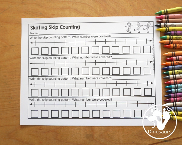 Free Ice Skate Skip Counting Strips Printables: 2, 5, and 10 - a fun skip counting printable working on skip counting for 2, 5, and 10. You have skip counting number line strips with skates covering the numbers. You have a recording sheet for the set.- 3Dinosaurs.com