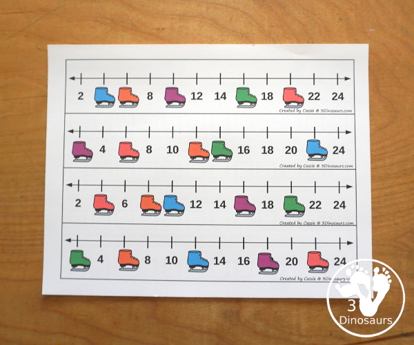 Free Ice Skate Skip Counting Strips Printables: 2, 5, and 10 - a fun skip counting printable working on skip counting for 2, 5, and 10. You have skip counting number line strips with skates covering the numbers. You have a recording sheet for the set.- 3Dinosaurs.com