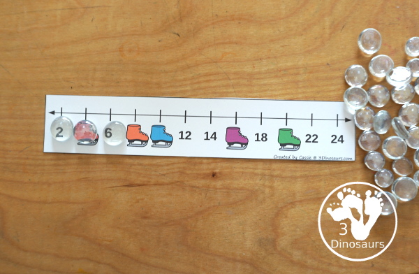 Free Ice Skate Skip Counting Strips Printables: 2, 5, and 10 - a fun skip counting printable working on skip counting for 2, 5, and 10. You have skip counting number line strips with skates covering the numbers. You have a recording sheet for the set.- 3Dinosaurs.com