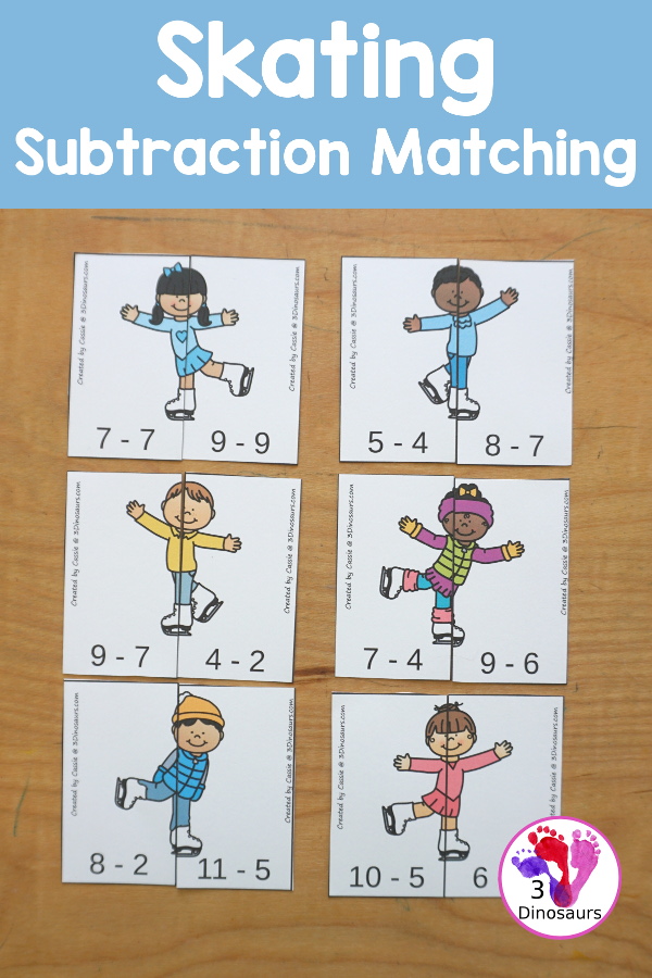 Free Skating Subtraction Matching Printable - fun two piece puzzles that work on doing the subtraction and matching the correct side of the skater to make the answer the same. 3Dinosaurs.com