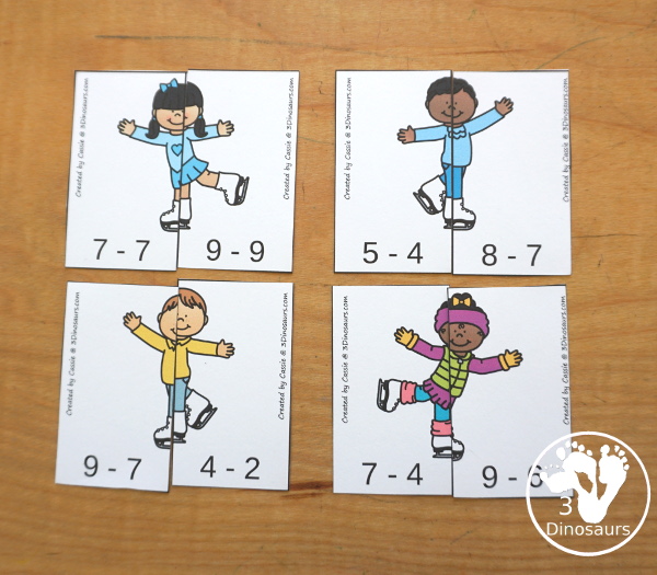 Free Skating Subtraction Matching Printable - fun two piece puzzles that work on doing the subtraction and matching the correct side of the skater to make the answer the same. 3Dinosaurs.com