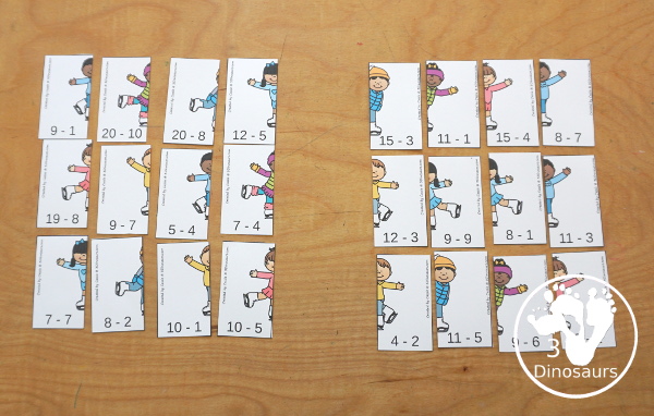 Free Skating Subtraction Matching Printable - fun two piece puzzles that work on doing the subtraction and matching the correct side of the skater to make the answer the same. 3Dinosaurs.com