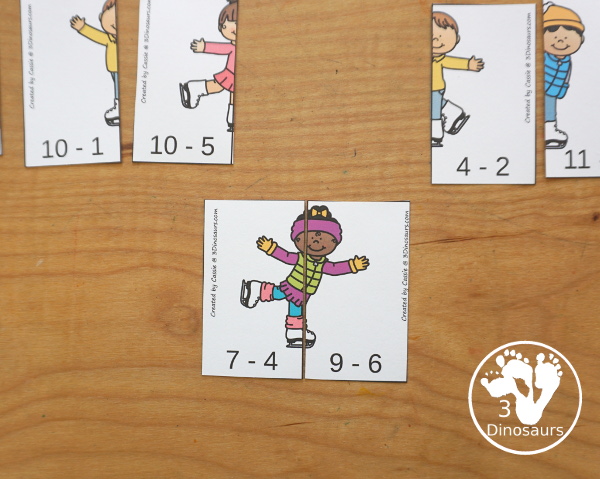Free Skating Subtraction Matching Printable - fun two piece puzzles that work on doing the subtraction and matching the correct side of the skater to make the answer the same. 3Dinosaurs.com
