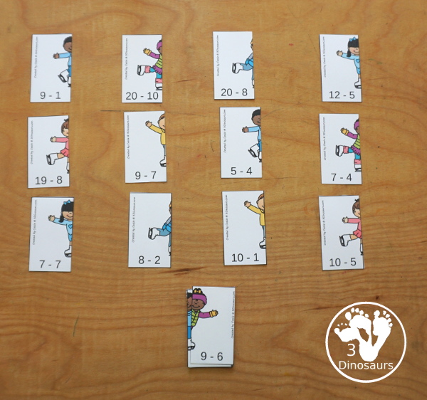 Free Skating Subtraction Matching Printable - fun two piece puzzles that work on doing the subtraction and matching the correct side of the skater to make the answer the same. 3Dinosaurs.com