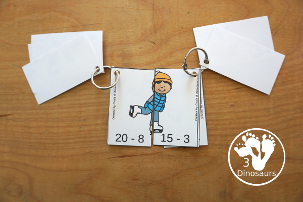 Free Skating Subtraction Matching Printable - fun two piece puzzles that work on doing the subtraction and matching the correct side of the skater to make the answer the same. 3Dinosaurs.com