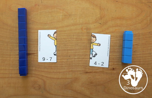 Free Skating Subtraction Matching Printable - fun two piece puzzles that work on doing the subtraction and matching the correct side of the skater to make the answer the same. 3Dinosaurs.com