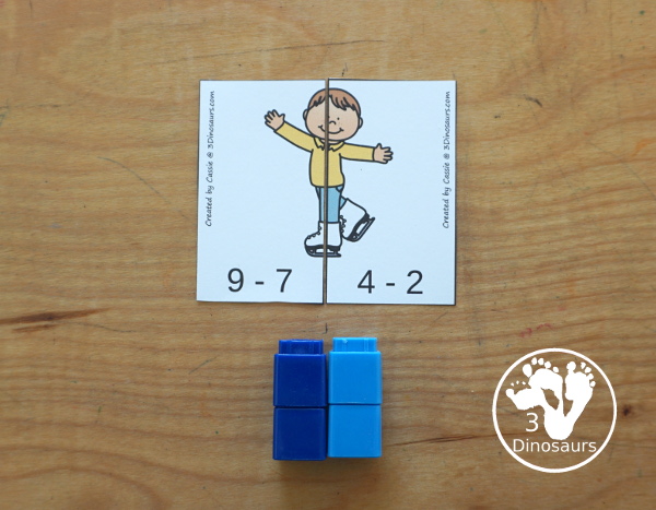 Free Skating Subtraction Matching Printable - fun two piece puzzles that work on doing the subtraction and matching the correct side of the skater to make the answer the same. 3Dinosaurs.com