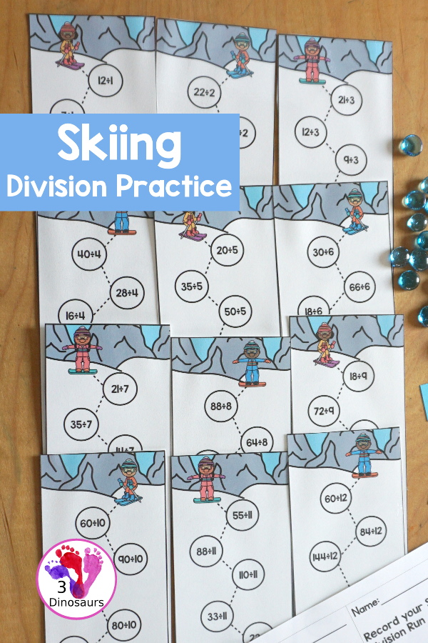 Free Skiing Division Practice Printable - 12 division strips with division from 1 to 12. You have 7 equations on each strip, a fun division practice idea for kids in third grade and fourth grade. - 3Dinosaurs.com