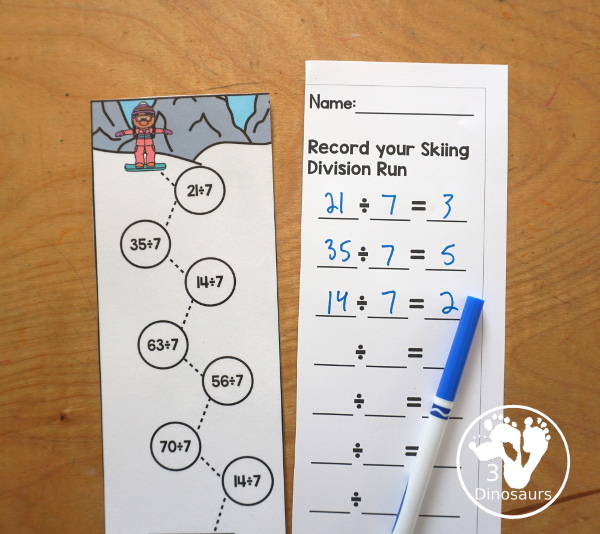 Free Skiing Division Practice Printable - 12 division strips with division from 1 to 12. You have 7 equations on each strip, a fun division practice idea for kids in third grade and fourth grade. - 3Dinosaurs.com