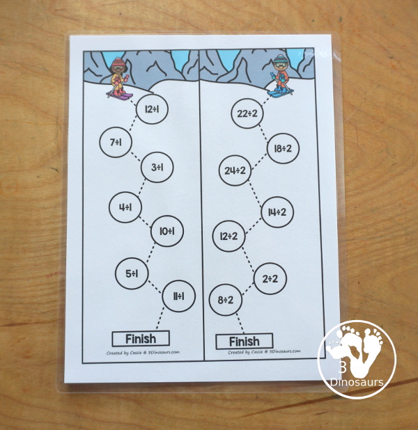 Free Skiing Division Practice Printable - 12 division strips with division from 1 to 12. You have 7 equations on each strip, a fun division practice idea for kids in third grade and fourth grade. - 3Dinosaurs.com
