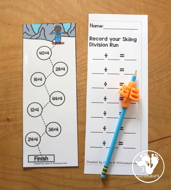 Free Skiing Division Practice Printable - 12 division strips with division from 1 to 12. You have 7 equations on each strip, a fun division practice idea for kids in third grade and fourth grade. - 3Dinosaurs.com