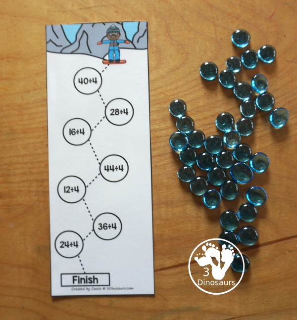 Free Skiing Division Practice Printable - 12 division strips with division from 1 to 12. You have 7 equations on each strip, a fun division practice idea for kids in third grade and fourth grade. - 3Dinosaurs.com