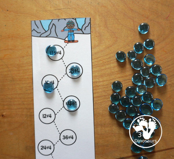 Free Skiing Division Practice Printable - 12 division strips with division from 1 to 12. You have 7 equations on each strip, a fun division practice idea for kids in third grade and fourth grade. - 3Dinosaurs.com