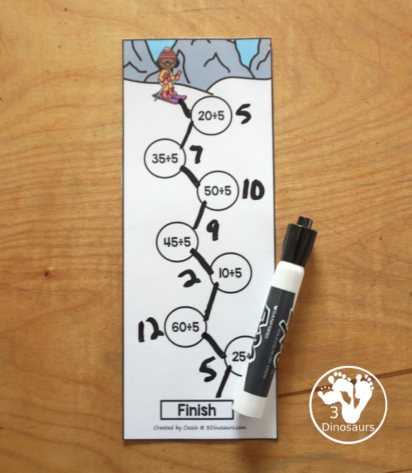 Free Skiing Division Practice Printable - 12 division strips with division from 1 to 12. You have 7 equations on each strip, a fun division practice idea for kids in third grade and fourth grade. - 3Dinosaurs.com