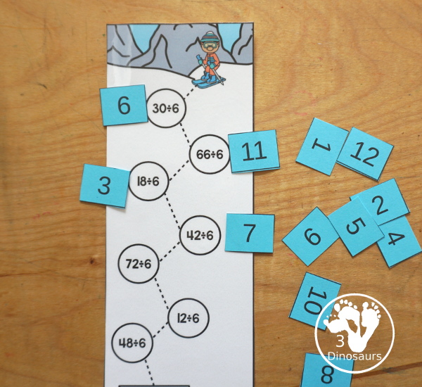 Free Skiing Division Practice Printable - 12 division strips with division from 1 to 12. You have 7 equations on each strip, a fun division practice idea for kids in third grade and fourth grade. - 3Dinosaurs.com