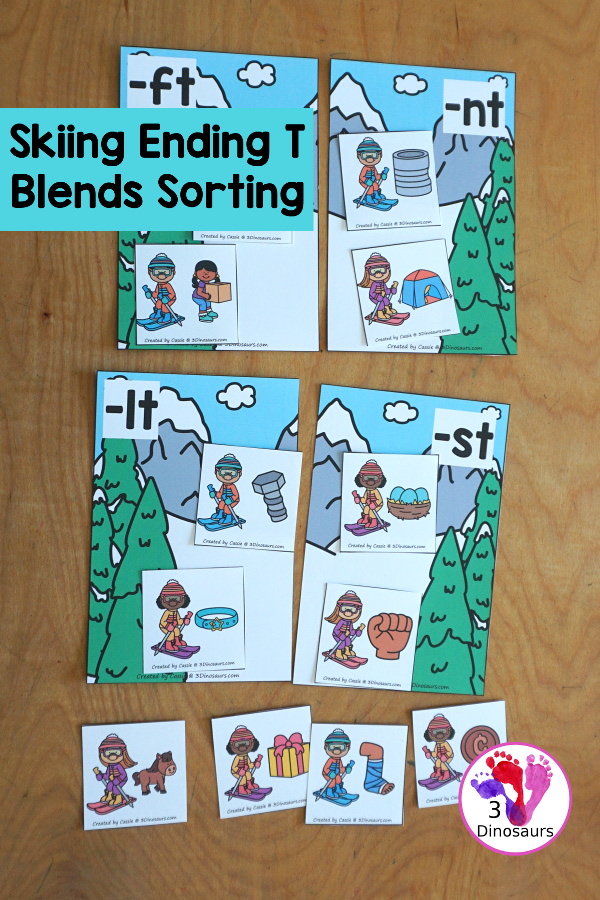 Free Skiing Ending T Blends Sorting Printable - you have 4 ending blends for sorting for -ft, -lt, nt- and -st with three sorting cards for each ending blend mat. A fun hands-on way to work on ending blends that have a t in them.- 3Dinosaurs.com