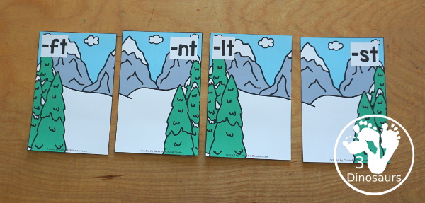 Free Skiing Ending T Blends Sorting Printable - you have 4 ending blends for sorting for -ft, -lt, nt- and -st with three sorting cards for each ending blend mat. A fun hands-on way to work on ending blends that have a t in them.- 3Dinosaurs.com