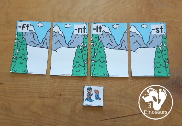 Free Skiing Ending T Blends Sorting Printable - you have 4 ending blends for sorting for -ft, -lt, nt- and -st with three sorting cards for each ending blend mat. A fun hands-on way to work on ending blends that have a t in them.- 3Dinosaurs.com