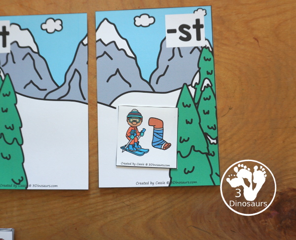 Free Skiing Ending T Blends Sorting Printable - you have 4 ending blends for sorting for -ft, -lt, nt- and -st with three sorting cards for each ending blend mat. A fun hands-on way to work on ending blends that have a t in them.- 3Dinosaurs.com