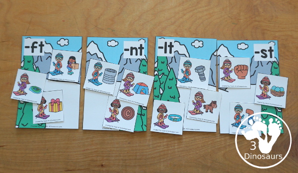 Free Skiing Ending T Blends Sorting Printable - you have 4 ending blends for sorting for -ft, -lt, nt- and -st with three sorting cards for each ending blend mat. A fun hands-on way to work on ending blends that have a t in them.- 3Dinosaurs.com