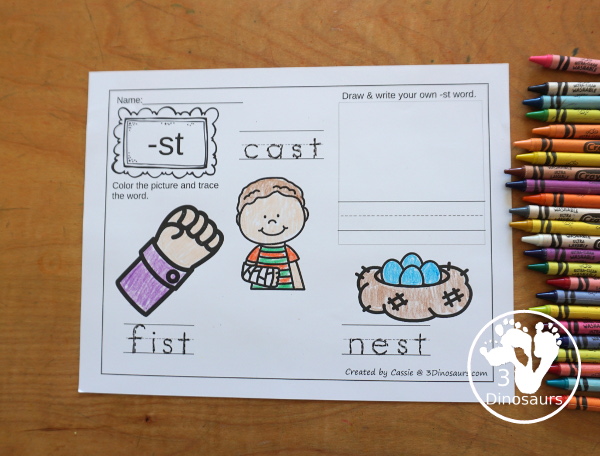 Ending Blends Coloring Pages with three pictures for each ending blend to trace the word and then color the picture. Or write the word and color the picture with vocab cards to match the coloring pages - 3Dinosaurs.com