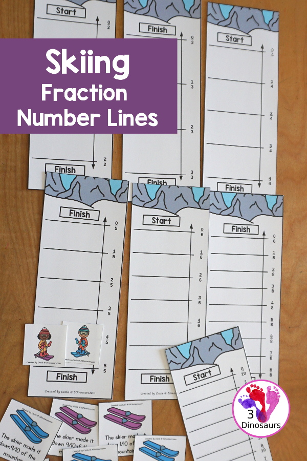 Free Skiing Vertical Fraction Number Lines Printable - you have fraction number lines for 2, 3, 4, 5, 6, 8, & 10 with matching fraction cards for skiing with skiers. A fun way to work on fractions and comparing fractions as kids ski down the hill.  3Dinosaurs.com