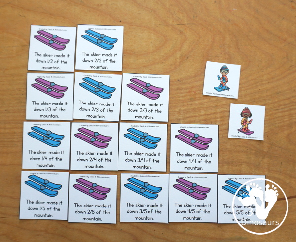 Free Skiing Vertical Fraction Number Lines Printable - you have fraction number lines for 2, 3, 4, 5, 6, 8, & 10 with matching fraction cards for skiing with skiers. A fun way to work on fractions and comparing fractions as kids ski down the hill.  3Dinosaurs.com