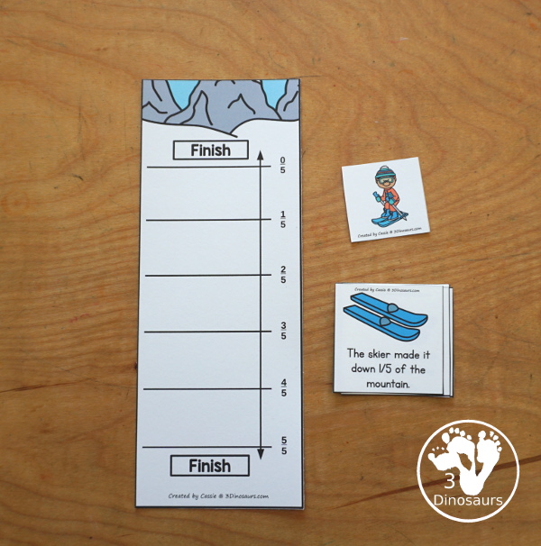 Free Skiing Vertical Fraction Number Lines Printable - you have fraction number lines for 2, 3, 4, 5, 6, 8, & 10 with matching fraction cards for skiing with skiers. A fun way to work on fractions and comparing fractions as kids ski down the hill.  3Dinosaurs.com