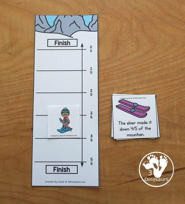 Free Skiing Vertical Fraction Number Lines Printable - you have fraction number lines for 2, 3, 4, 5, 6, 8, & 10 with matching fraction cards for skiing with skiers. A fun way to work on fractions and comparing fractions as kids ski down the hill.  3Dinosaurs.com