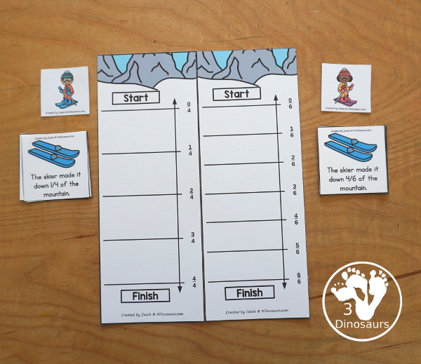 Free Skiing Vertical Fraction Number Lines Printable - you have fraction number lines for 2, 3, 4, 5, 6, 8, & 10 with matching fraction cards for skiing with skiers. A fun way to work on fractions and comparing fractions as kids ski down the hill.  3Dinosaurs.com