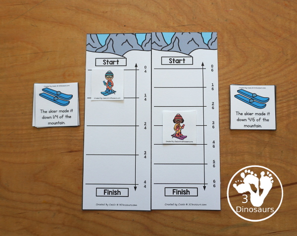 Free Skiing Vertical Fraction Number Lines Printable - you have fraction number lines for 2, 3, 4, 5, 6, 8, & 10 with matching fraction cards for skiing with skiers. A fun way to work on fractions and comparing fractions as kids ski down the hill.  3Dinosaurs.com