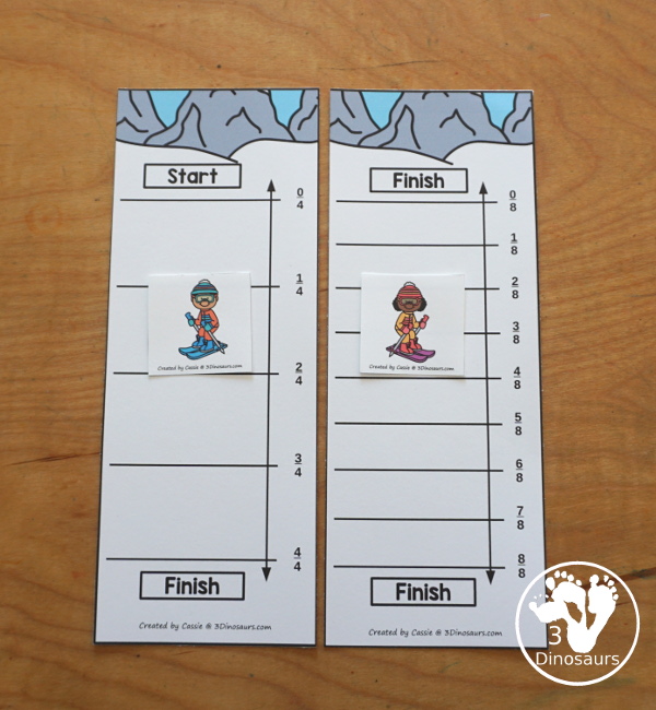 Free Skiing Vertical Fraction Number Lines Printable - you have fraction number lines for 2, 3, 4, 5, 6, 8, & 10 with matching fraction cards for skiing with skiers. A fun way to work on fractions and comparing fractions as kids ski down the hill.  3Dinosaurs.com