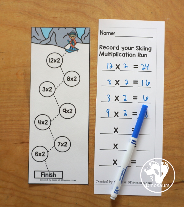Free Skiing Multiplication Practice Printable - 12 multiplication strips with multiplication from 1 to 12. You have 7 equations on each strip, a fun multiplication practice idea for kids in third grade and fourth grade. - 3Dinosaurs.com