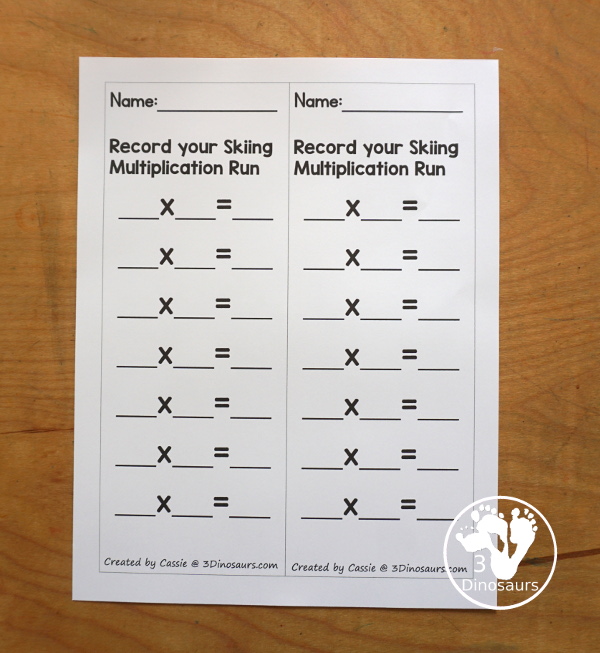 Free Skiing Multiplication Practice Printable - 12 multiplication strips with multiplication from 1 to 12. You have 7 equations on each strip, a fun multiplication practice idea for kids in third grade and fourth grade. - 3Dinosaurs.com
