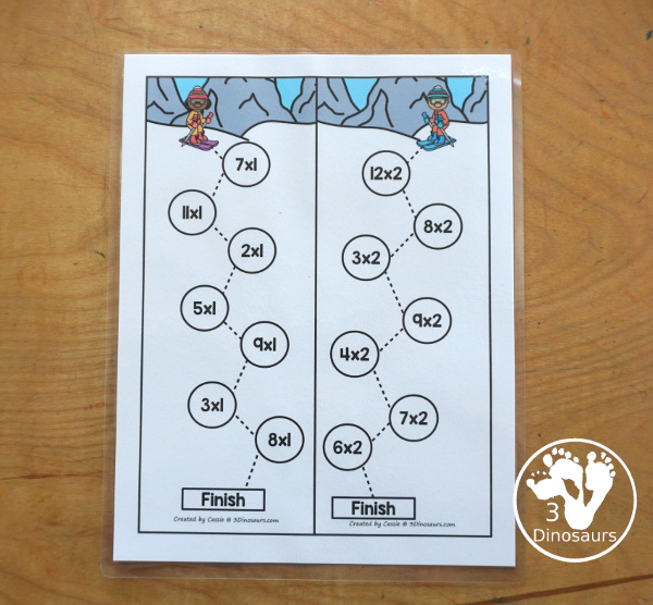 Free Skiing Multiplication Practice Printable - 12 multiplication strips with multiplication from 1 to 12. You have 7 equations on each strip, a fun multiplication practice idea for kids in third grade and fourth grade. - 3Dinosaurs.com