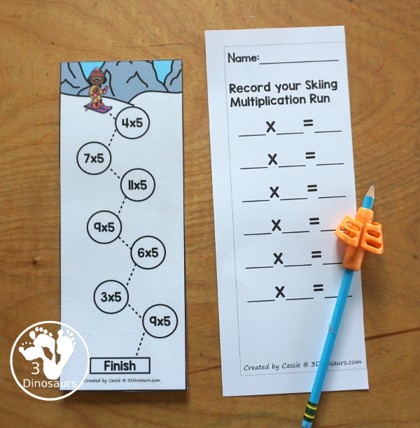 Free Skiing Multiplication Practice Printable - 12 multiplication strips with multiplication from 1 to 12. You have 7 equations on each strip, a fun multiplication practice idea for kids in third grade and fourth grade. - 3Dinosaurs.com
