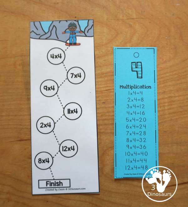 Free Skiing Multiplication Practice Printable - 12 multiplication strips with multiplication from 1 to 12. You have 7 equations on each strip, a fun multiplication practice idea for kids in third grade and fourth grade. - 3Dinosaurs.com