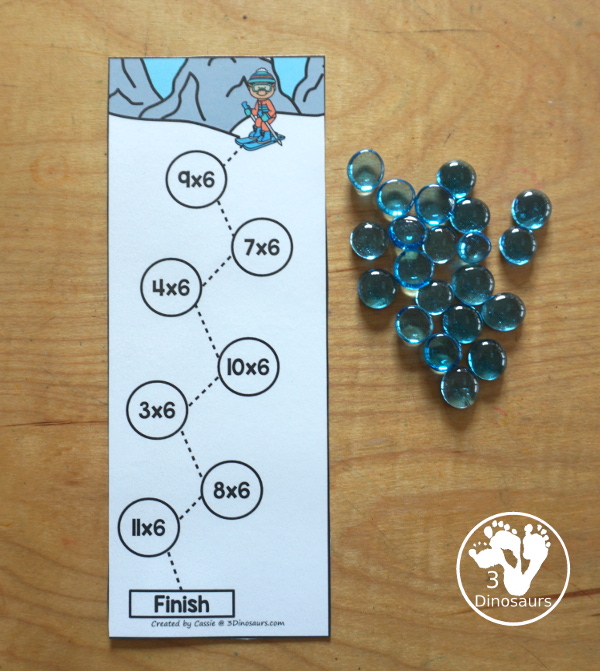 Free Skiing Multiplication Practice Printable - 12 multiplication strips with multiplication from 1 to 12. You have 7 equations on each strip, a fun multiplication practice idea for kids in third grade and fourth grade. - 3Dinosaurs.com