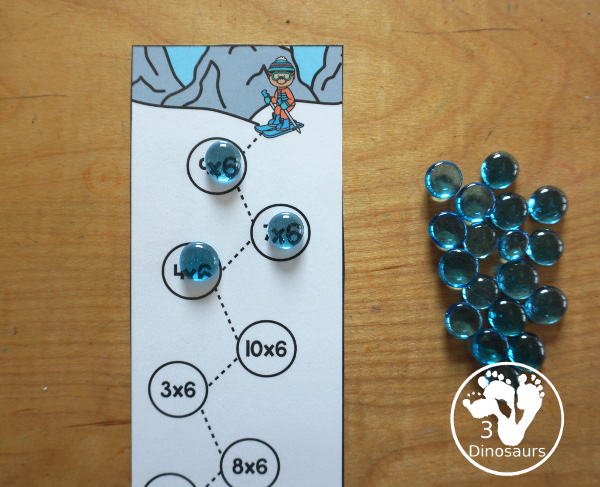 Free Skiing Multiplication Practice Printable - 12 multiplication strips with multiplication from 1 to 12. You have 7 equations on each strip, a fun multiplication practice idea for kids in third grade and fourth grade. - 3Dinosaurs.com