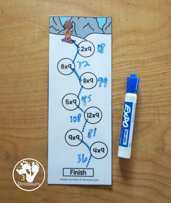 Free Skiing Multiplication Practice Printable - 12 multiplication strips with multiplication from 1 to 12. You have 7 equations on each strip, a fun multiplication practice idea for kids in third grade and fourth grade. - 3Dinosaurs.com
