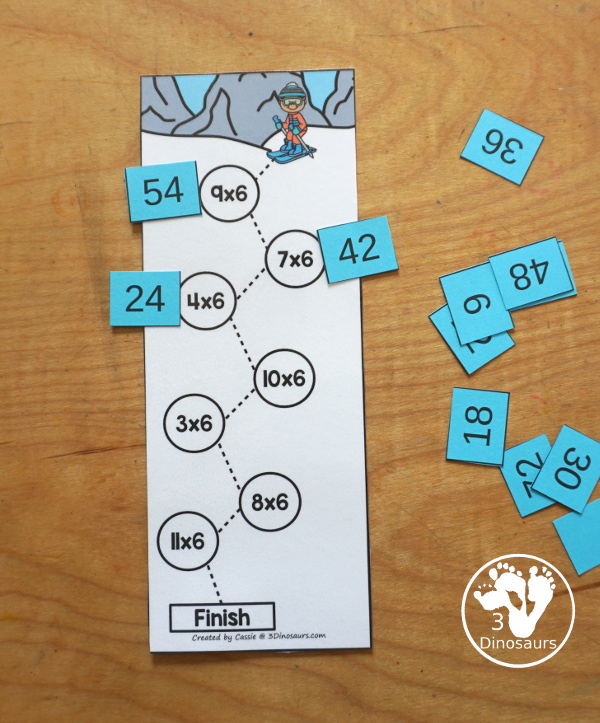 Free Skiing Multiplication Practice Printable - 12 multiplication strips with multiplication from 1 to 12. You have 7 equations on each strip, a fun multiplication practice idea for kids in third grade and fourth grade. - 3Dinosaurs.com