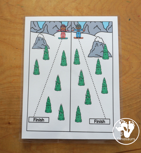 Free Skiing Prewriting Strip Printables - has 10 different prewriting strip that are a vertical with tracing from top to bottom. An easy way to work change up prewriting for the winter.- 3Dinosaurs.com