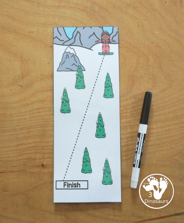 Free Skiing Prewriting Strip Printables - has 10 different prewriting strip that are a vertical with tracing from top to bottom. An easy way to work change up prewriting for the winter.- 3Dinosaurs.com