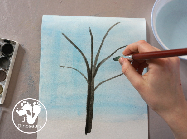 Winter Tree Painting Craft For Kids a fun mixed watercolor and q-tip painting winter tree for kids. A fun winter painting idea for kids that can do at different levels. - 3Dinosaurs.com