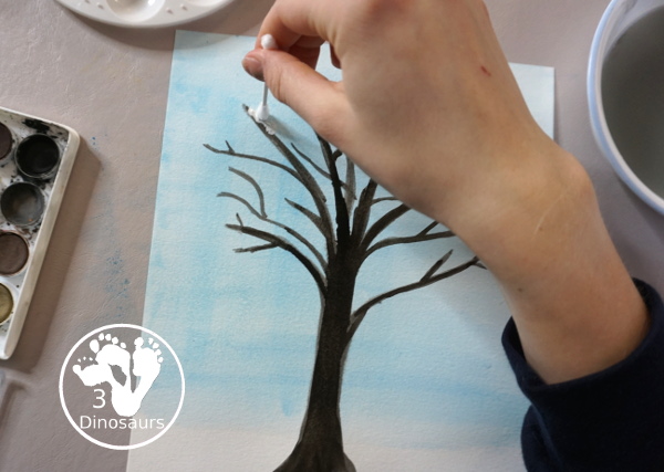 Winter Tree Painting Craft For Kids a fun mixed watercolor and q-tip painting winter tree for kids. A fun winter painting idea for kids that can do at different levels. - 3Dinosaurs.com